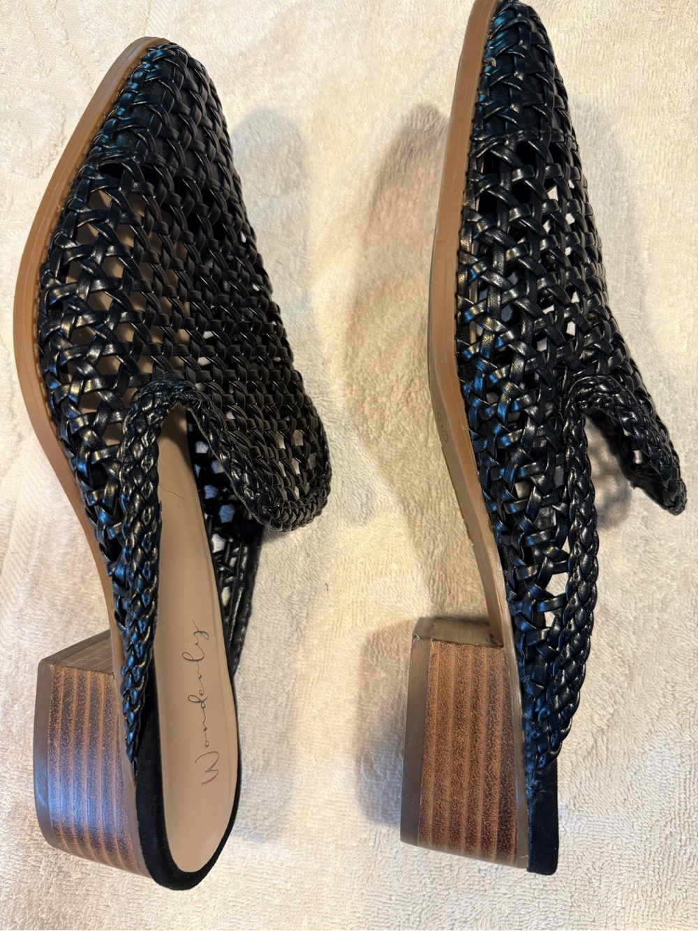 Wonderly Woven Black Slip-On Low Heel Mules, Size 9